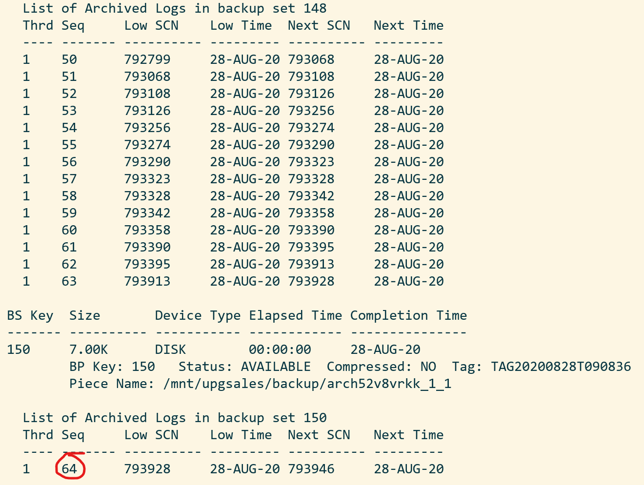 Sample output of RMAN command "list archivelog all" showing which sequence to restore until