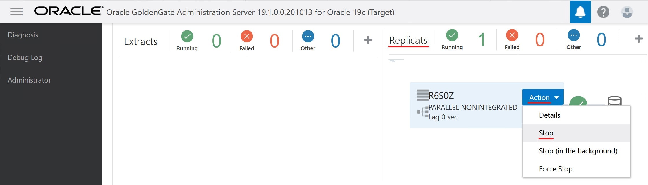 How to stop replicat process in Oracle GoldenGate Microservices Architecture Hub