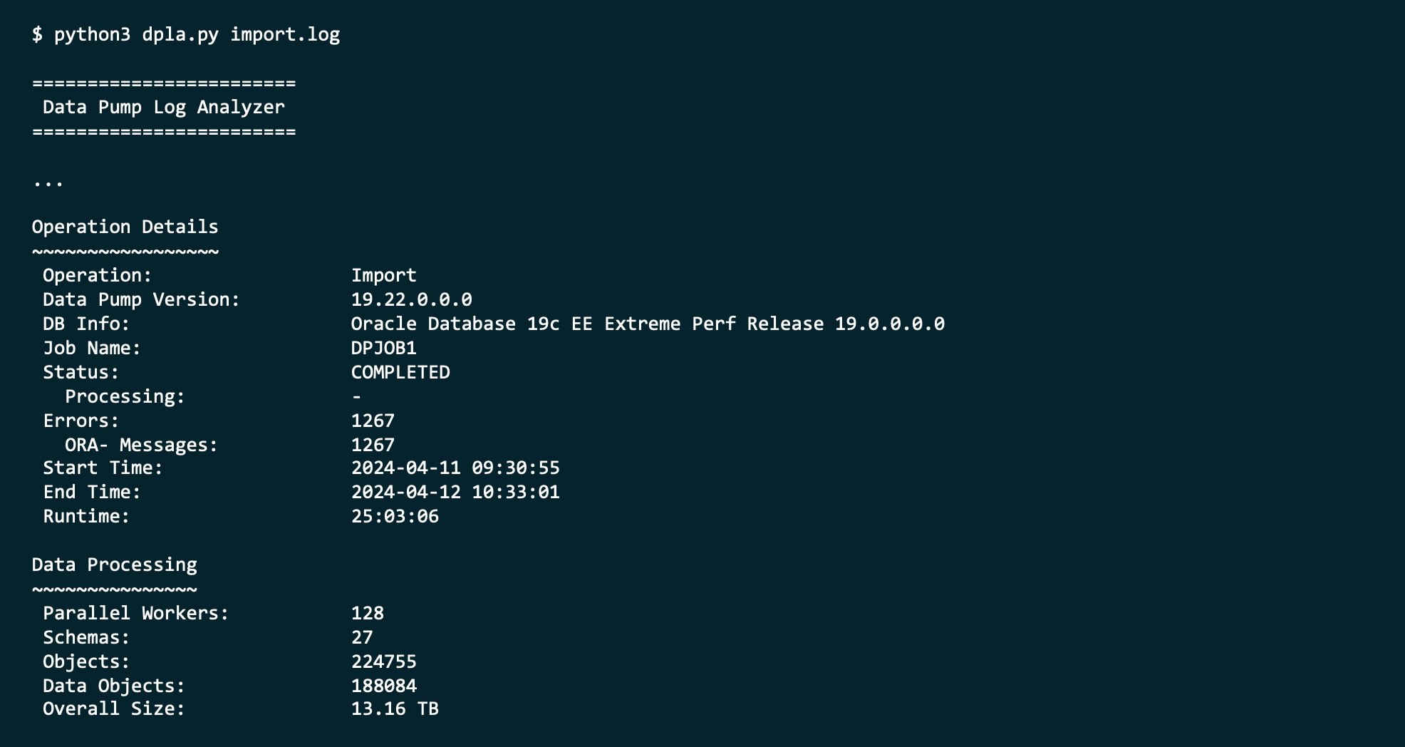 Summary of a Data Pump job