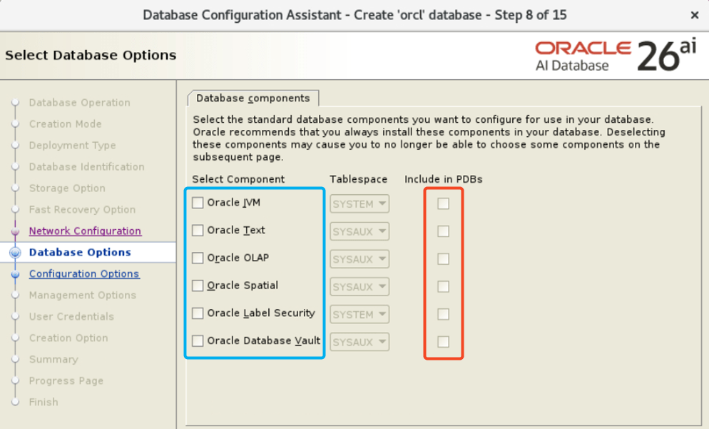 Installing components in DBCA